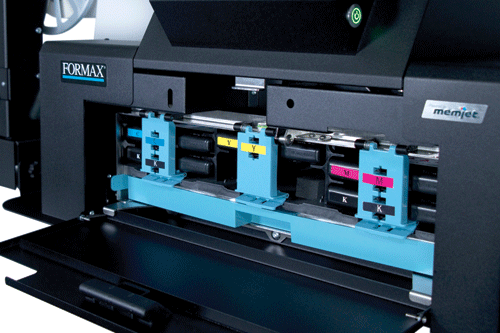 Front access to the high-capacity ink tanks allows for easy replacement without removing the label stock from the print path or rewinder