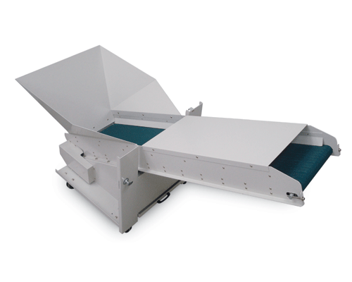 Optional output conveyor transports material out of the shredder and into an external waste bin. This increases capacity and decreases down time.